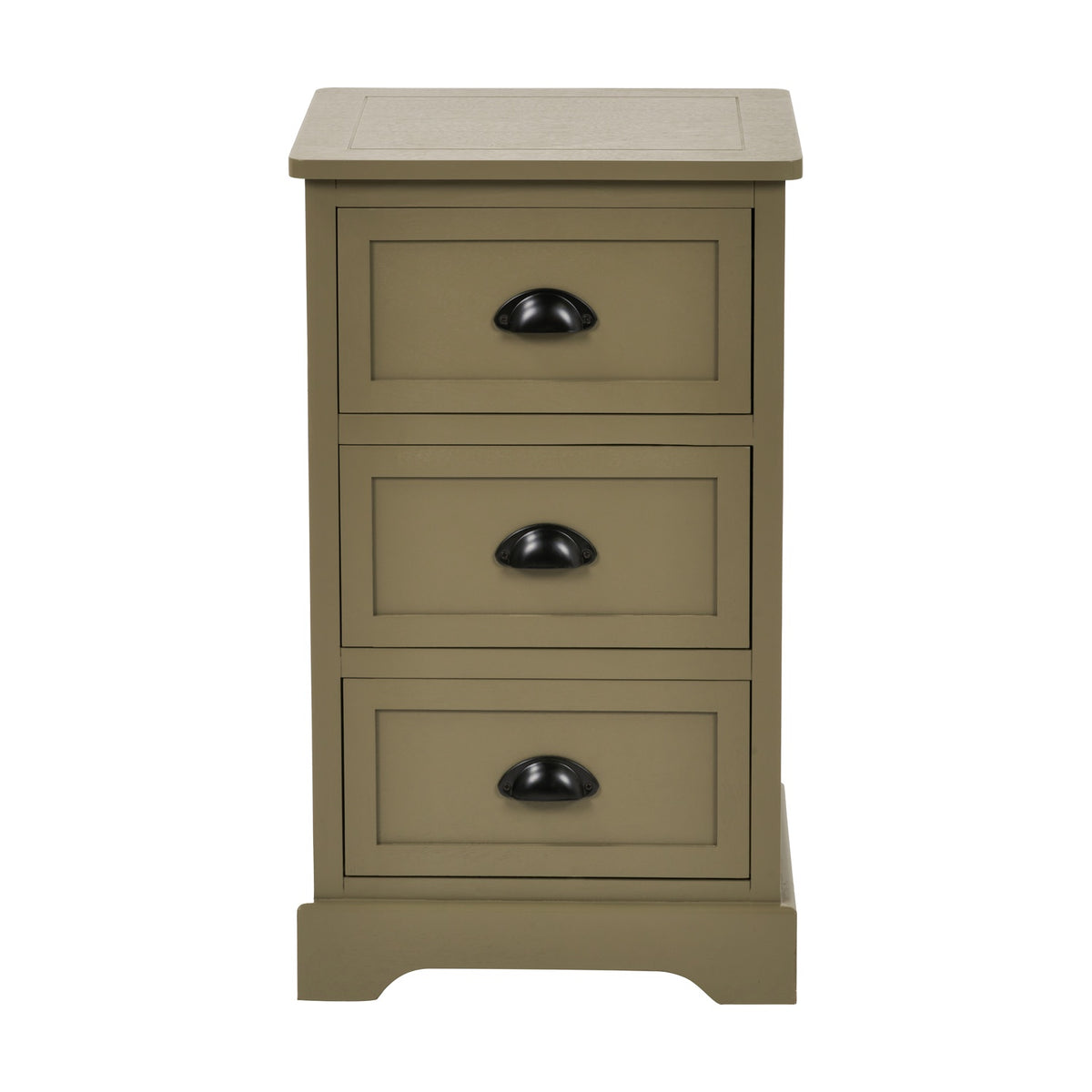 Croft Olive Pine 3 Drawer Unit, a small wooden chest of drawers in an olive-green finish with a natural wood top and black cup handles, shown on a plain white background.