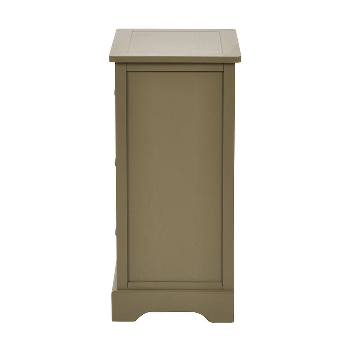 Side view of the Croft Olive Pine 3 Drawer Unit, a wooden chest of drawers in an olive green finish with a raised top edge, shown against a plain white background.