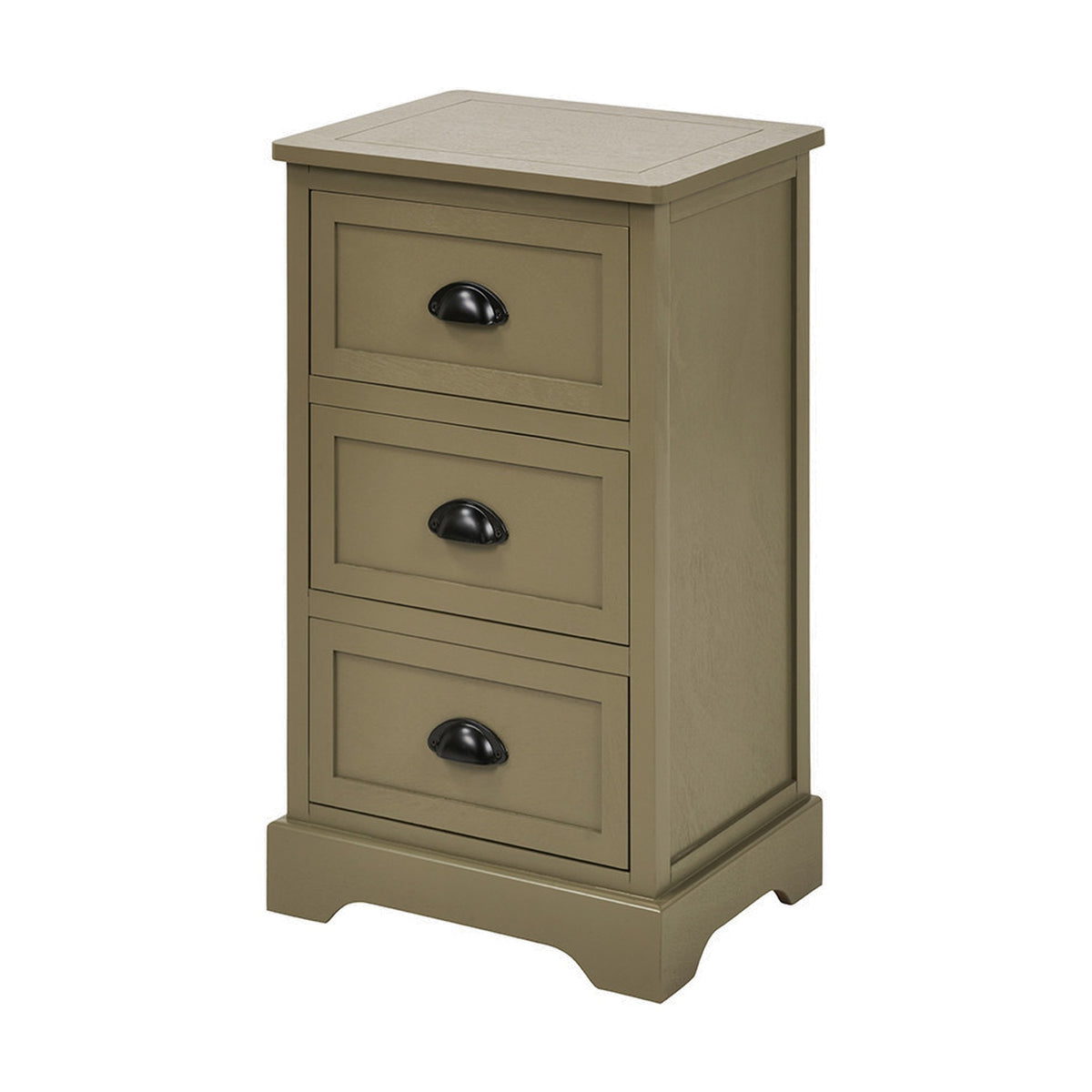 Croft Olive Pine 3 Drawer Unit, a small pine chest of drawers in olive green with black cup handles and panelled fronts, shown on a plain white background.