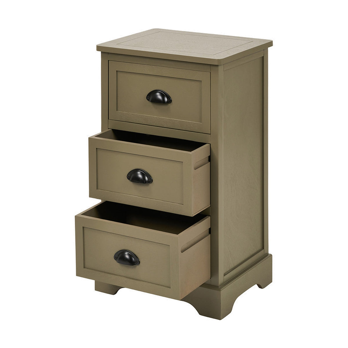 Croft Olive Pine 3 Drawer Unit, a small wooden chest of drawers in olive green with cup handles, two drawers open, shown on a plain white background.