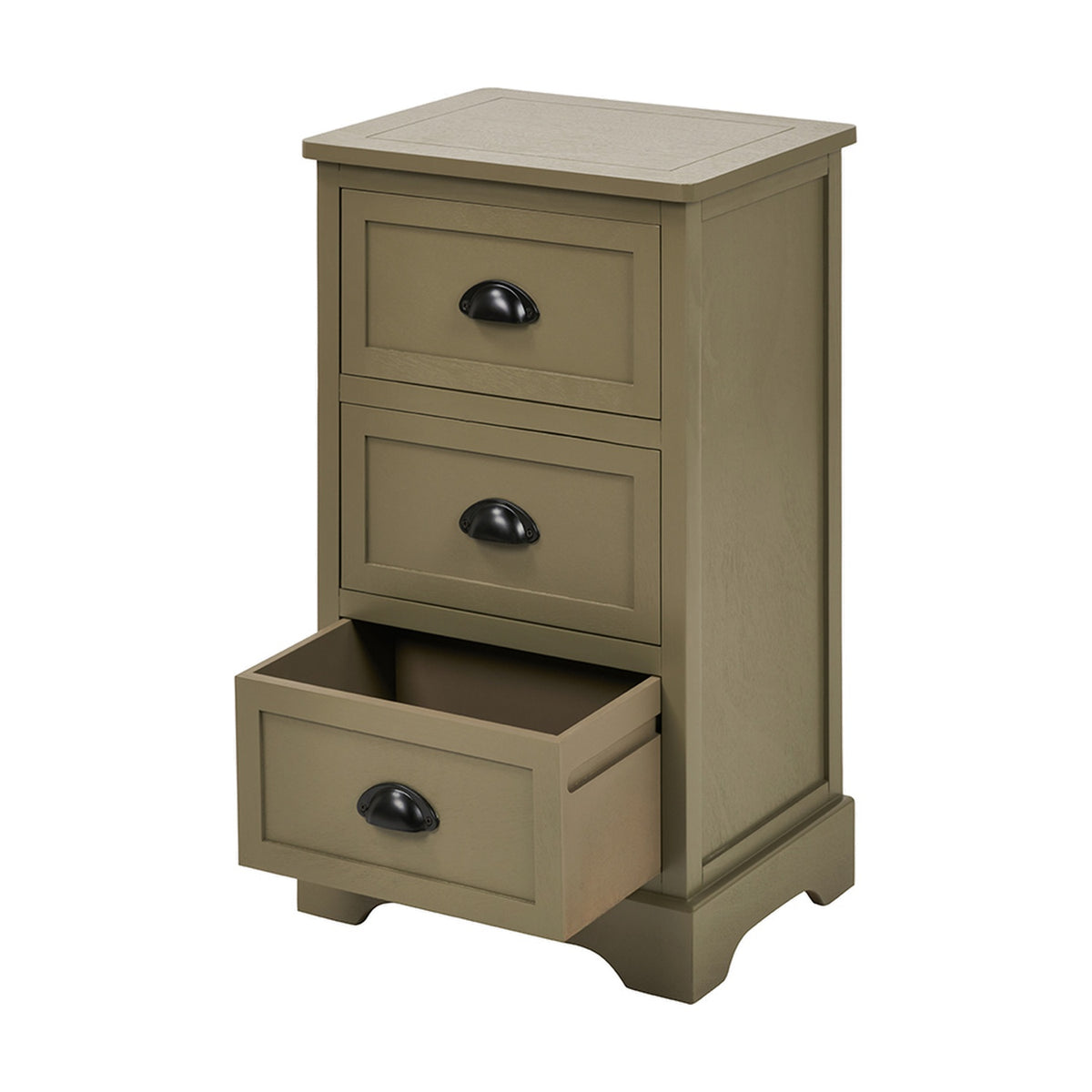 Croft Olive Pine 3 Drawer Unit, a small wooden chest of drawers in an olive green finish with oval black cup handles, shown with the bottom drawer open on a plain white background.