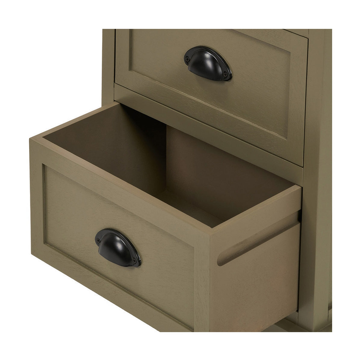 Close-up of the Croft Olive Pine 3 Drawer Unit showing an open drawer with black cup handles and shaker-style panelled fronts in an olive green wood finish.