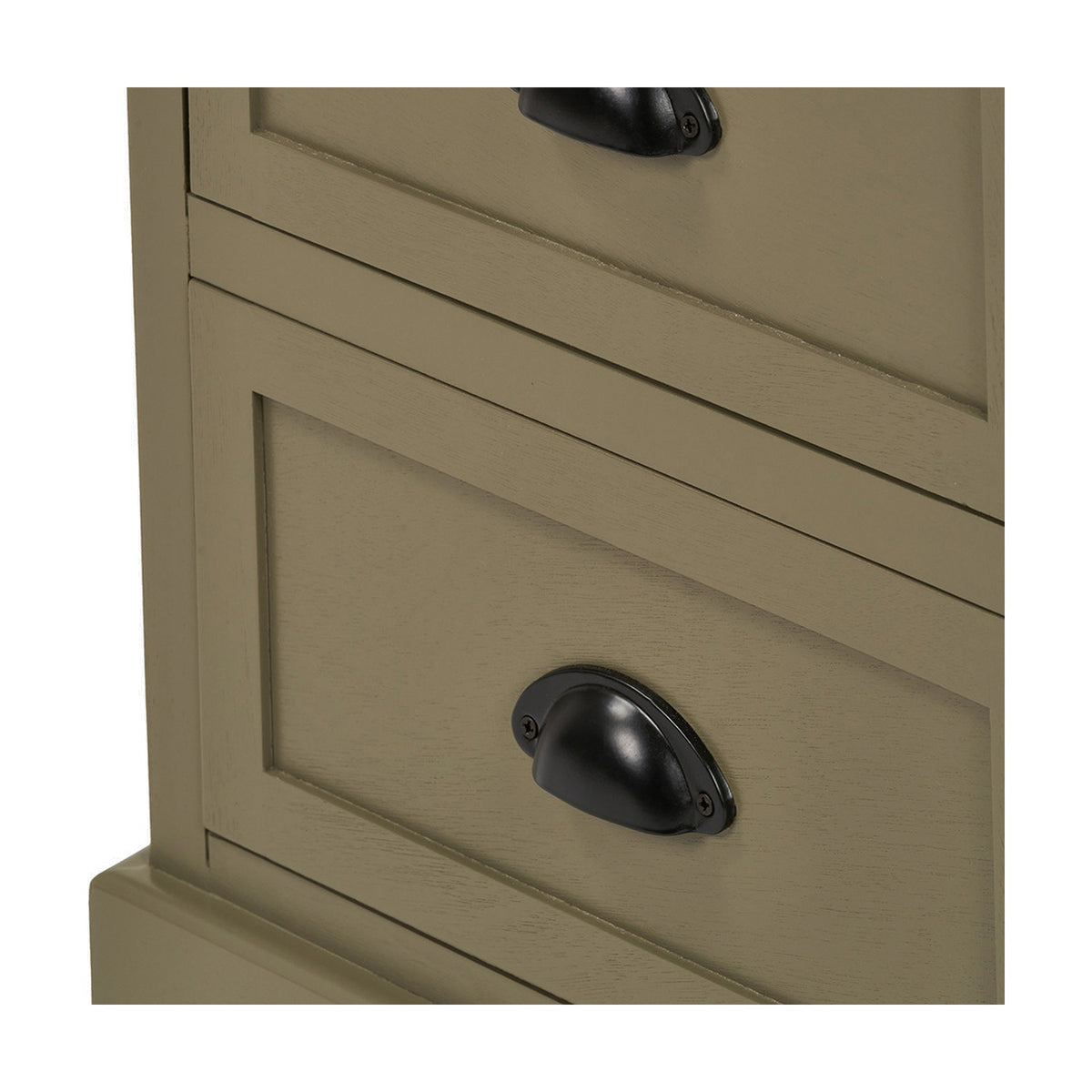 Close-up of the Croft Olive Pine 3 Drawer Unit showing two panelled drawer fronts in olive green wood with black cup-style handles.