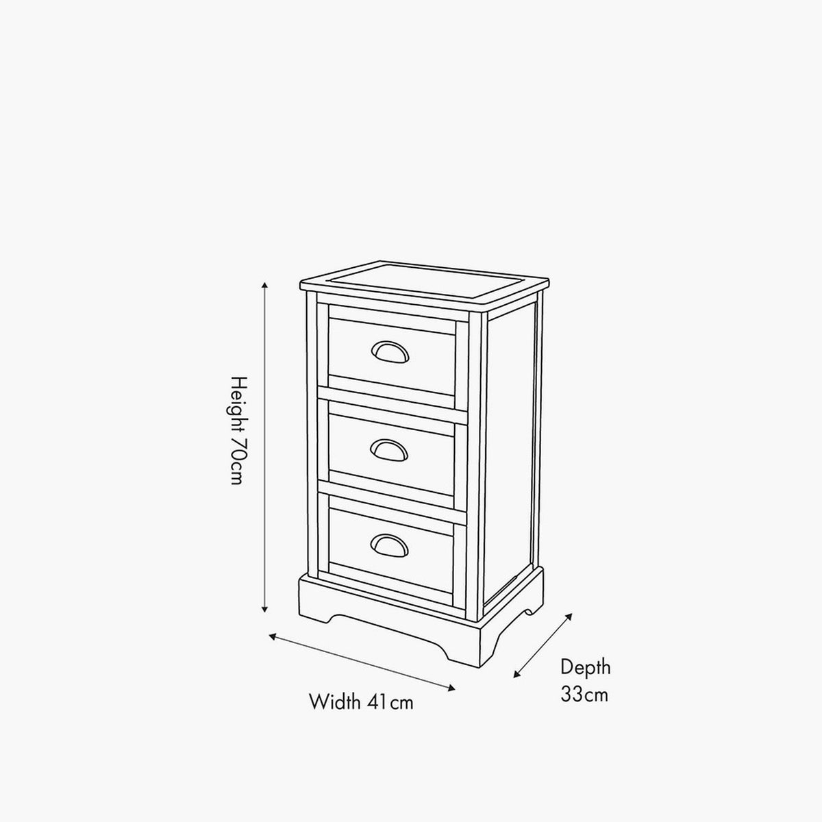Line drawing of the Croft Olive Pine 3 Drawer Unit with oval handles, showing dimensions: height 70cm, width 41cm, depth 33cm, on a plain white background.