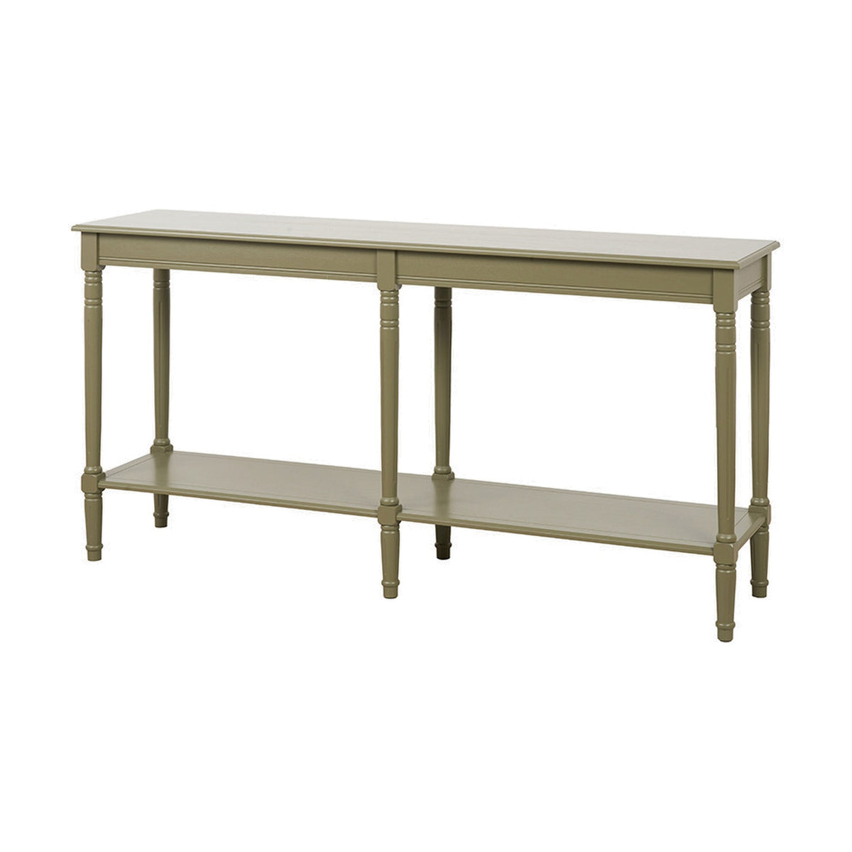 Heritage Olive Pine Large Console Table with turned legs and lower shelf, olive-green wood finish, shown on a plain white background.