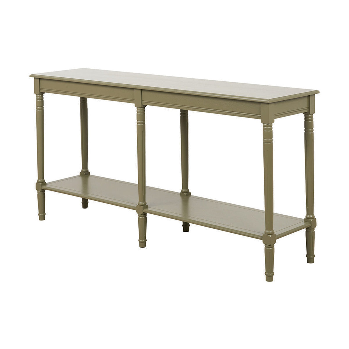 Heritage Olive Pine Large Console Table with turned legs, lower shelf, and green painted wood finish, shown on a plain white background.