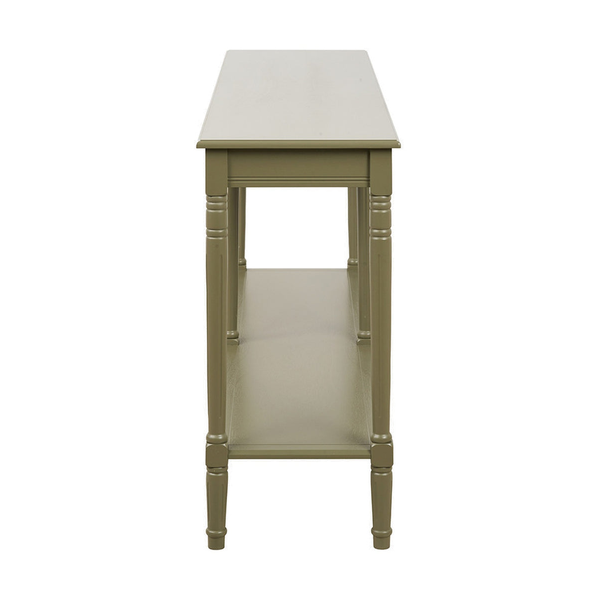 End view of the Heritage Olive Pine Large Console Table showing turned legs, apron detail, and lower shelf in a green painted wood finish against a white background.