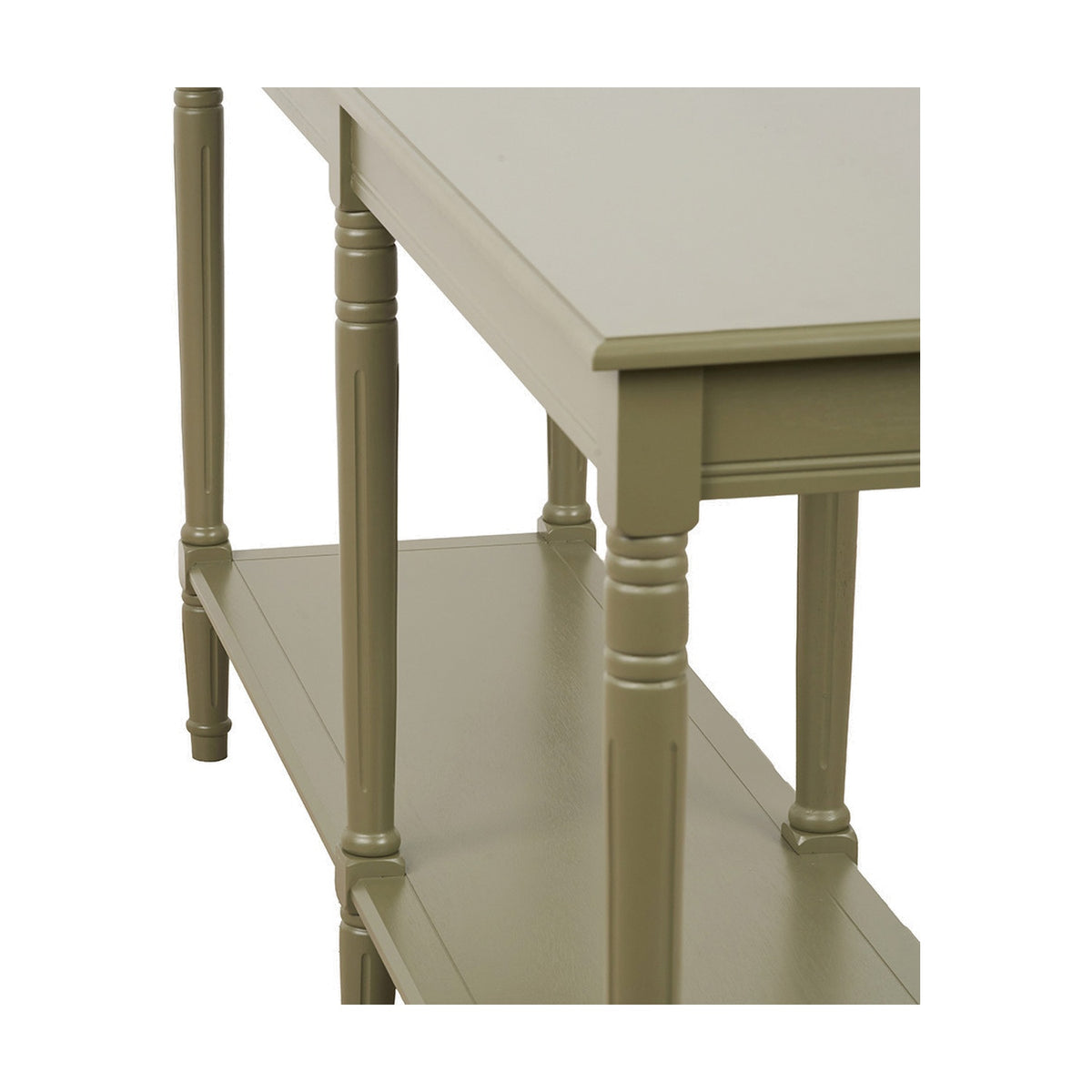 Close-up of the Heritage Olive Pine Large Console Table's turned wooden legs and lower shelf, showing green-painted wood with a light top edge on a white background.