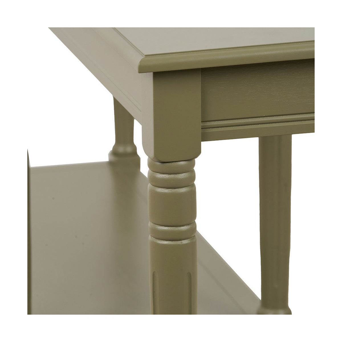 Close-up of the Heritage Olive Pine Large Console Table showing a turned wooden leg with ridged detailing, moulded tabletop edge, and lower shelf in a matte green finish.