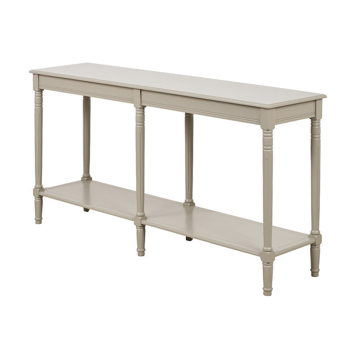 Heritage Putty Pine large console table with rectangular top, turned legs, and lower shelf in cream painted wood, shown on a plain white background.