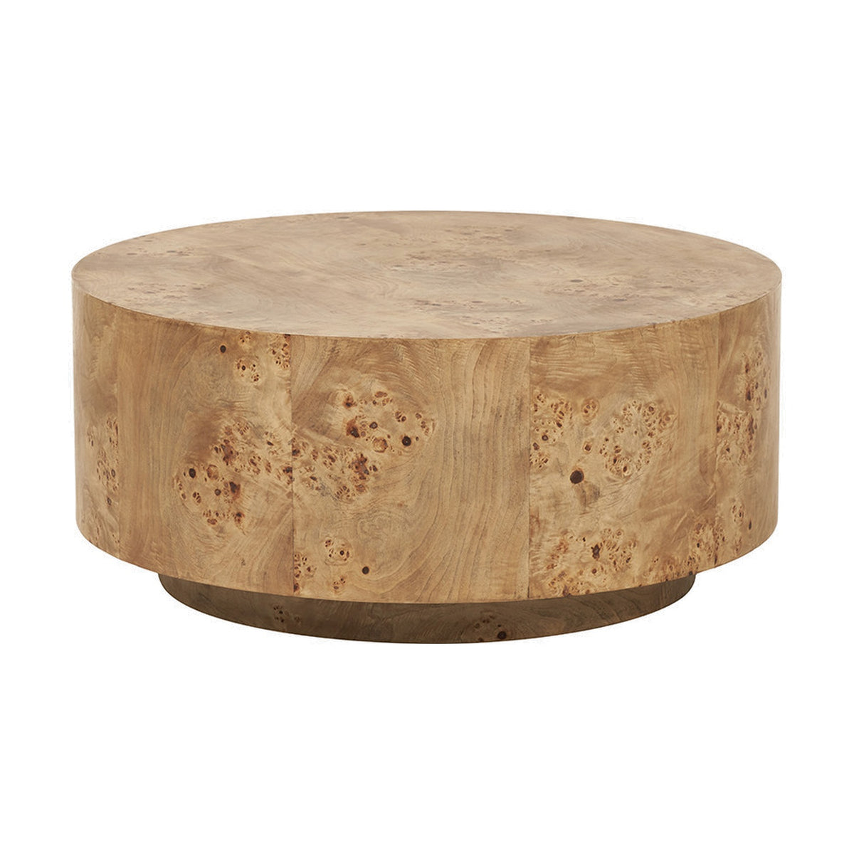 Newborough Burr Wood Effect Coffee Table, 41cm, round drum-shaped design with burr wood grain finish and recessed plinth base, shown on a plain white background.