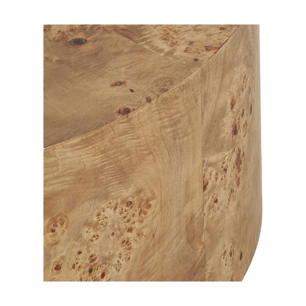 Close-up of the Newborough Burr Wood Effect Coffee Table showing the curved corner edge with detailed burr wood grain and knot patterns in a natural tan finish.