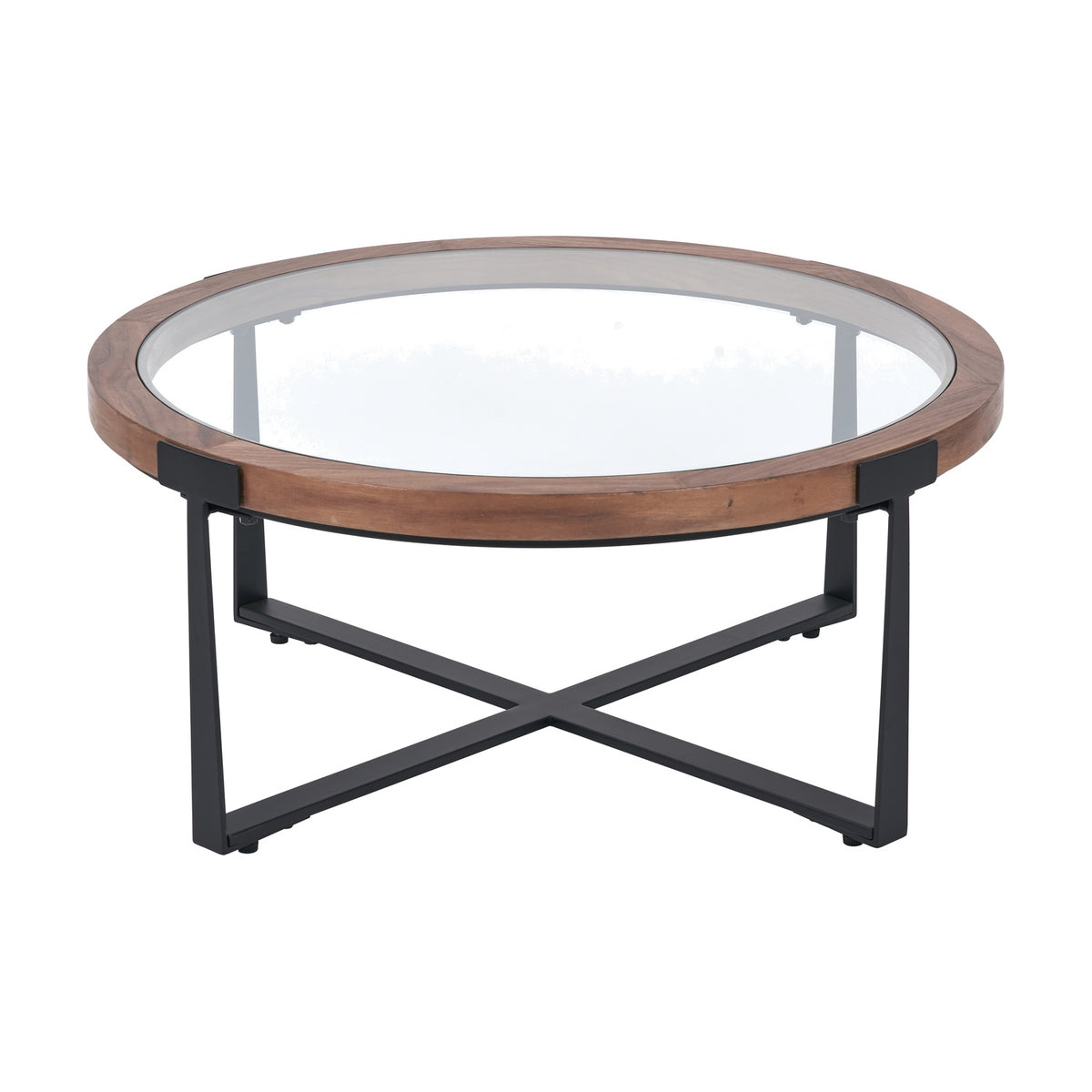 Round coffee table with clear glass top, light walnut wood veneer rim, and black cross-brace steel legs, shown on a plain white background.