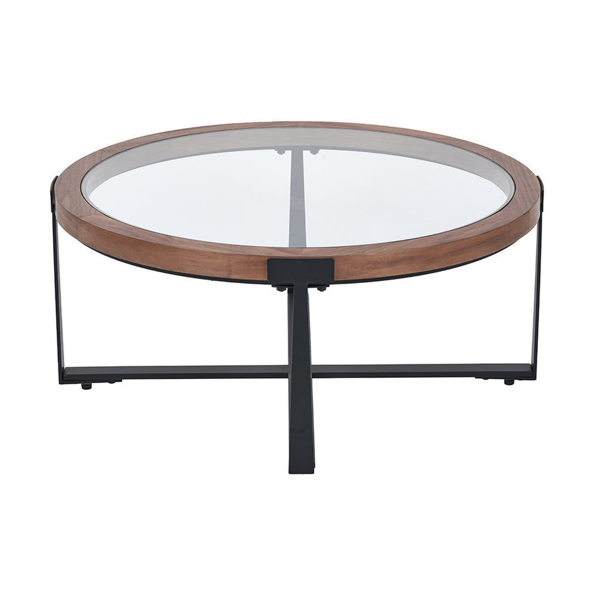 Round coffee table with clear glass top, light walnut wood veneer trim, and black metal X-frame base, shown on a plain white background.