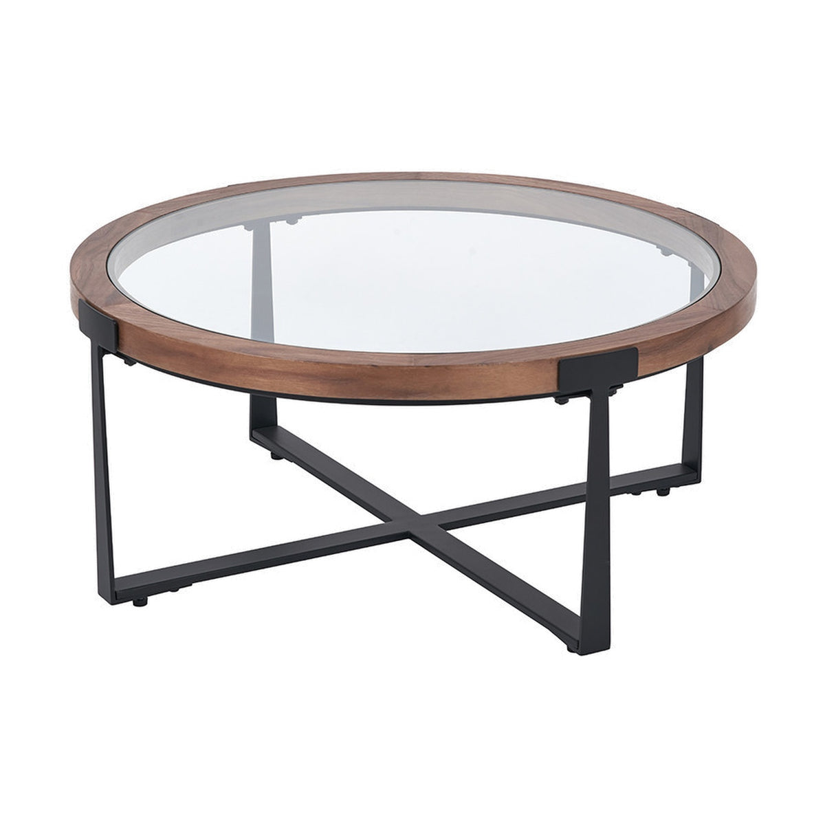 Vermont round coffee table with clear glass top set in a light walnut wood veneer frame, standing on a black cross-brace steel base, shown on a plain white background.