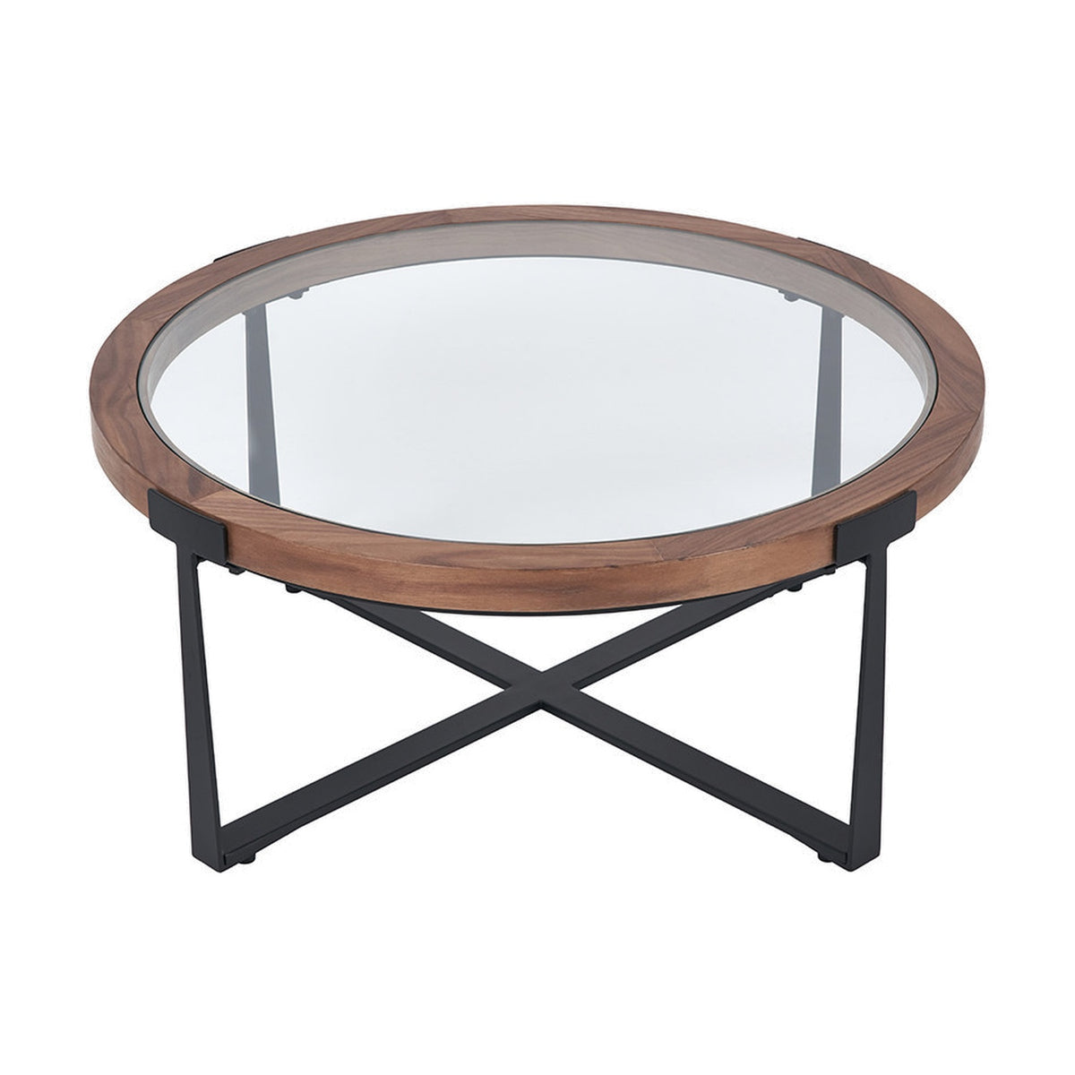 Vermont round coffee table with clear glass top set in a light walnut wood veneer frame, supported by a black metal X-shaped base, shown on a plain white background.