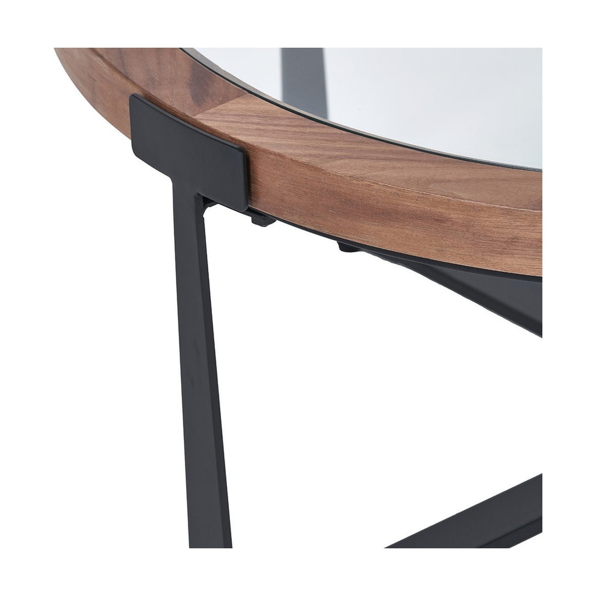 Close-up of the Vermont coffee table showing the clear glass top, light walnut wood veneer edge, and matte black metal leg joinery on a white background.