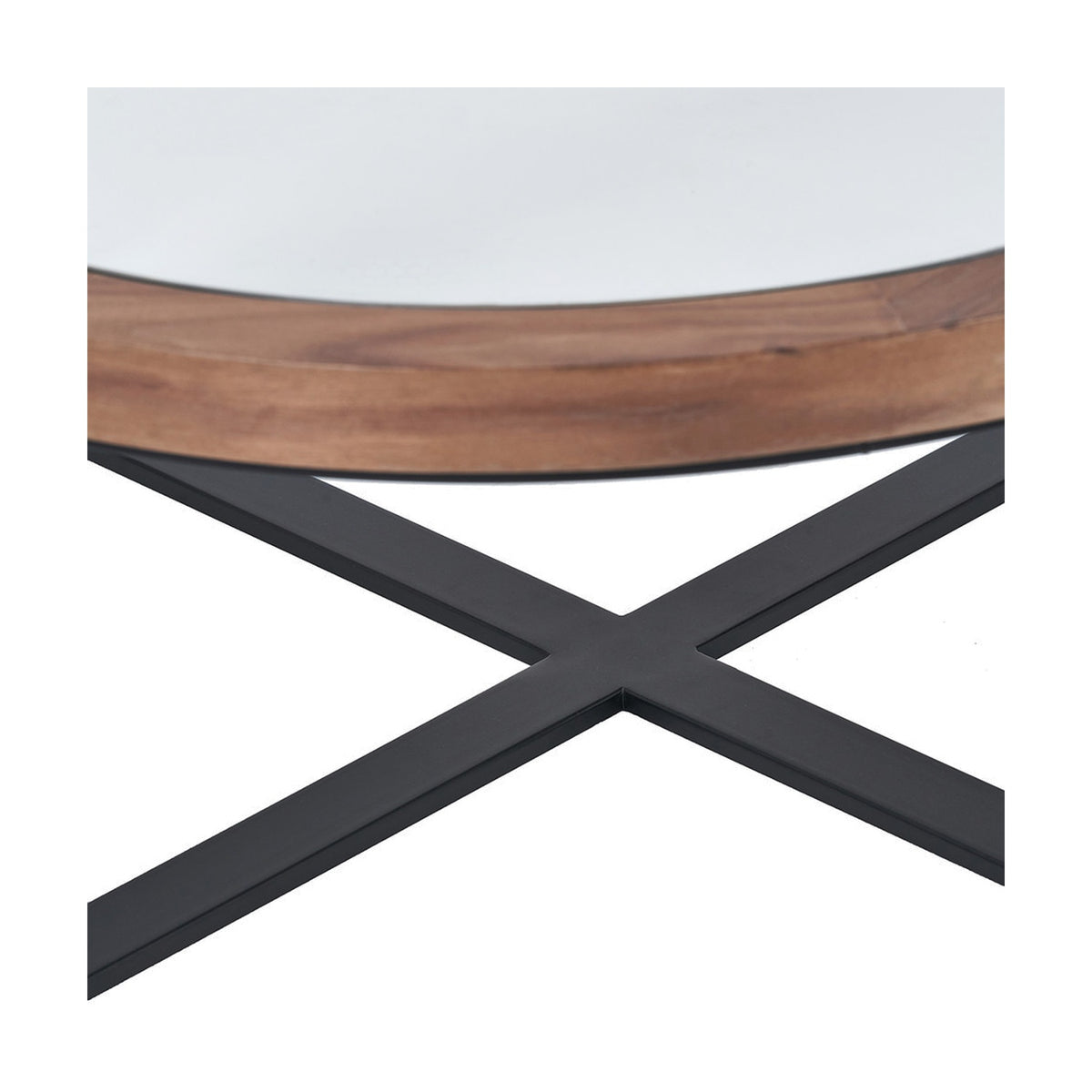 Close-up of the Vermont coffee table showing the clear glass top, light walnut wood veneer edge, and matte black crossed steel legs on a white background.