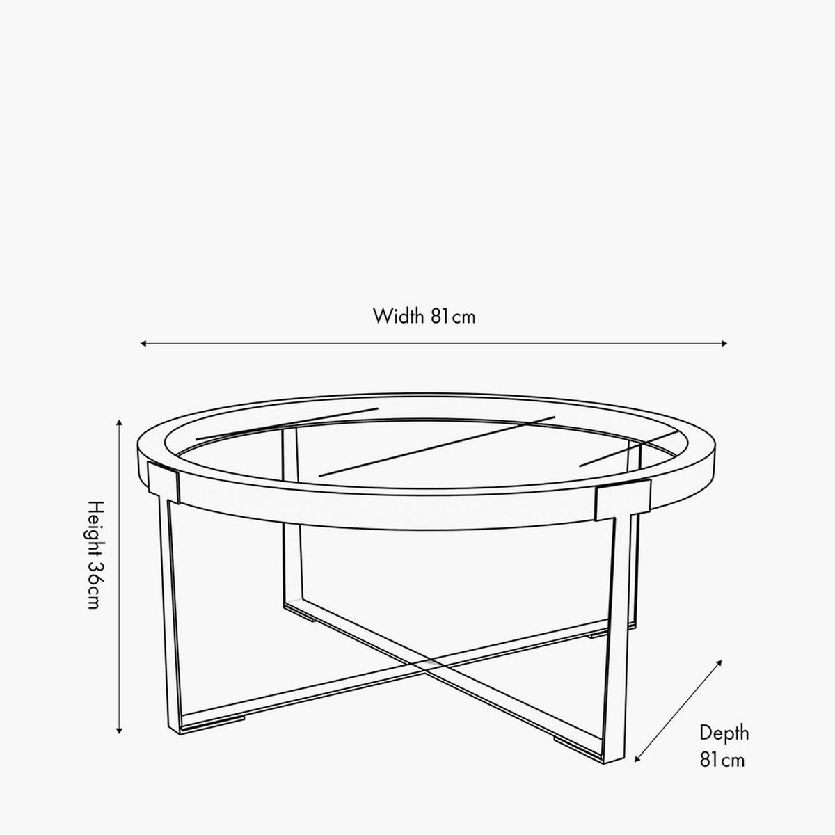 Line drawing of the Vermont round coffee table showing width 81cm, depth 81cm and height 36cm, with a glass top, walnut veneer edge and cross-braced metal legs.