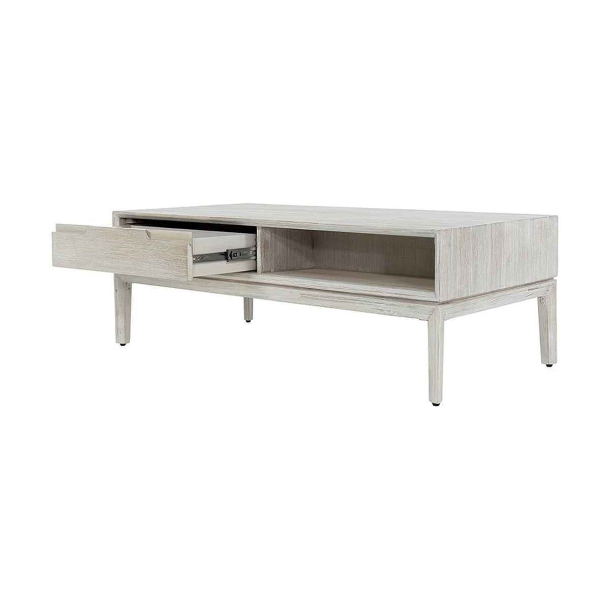Gio White Sand Acacia 2 Drawer Coffee Table with tapered legs, one drawer open showing metal runners, plus open shelf storage, on a plain white background.