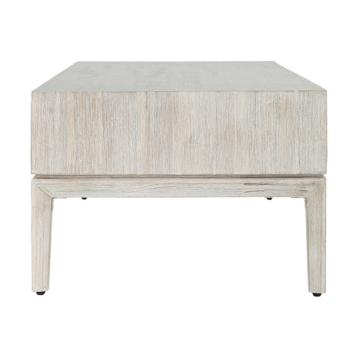 End view of the Gio White Sand Acacia 2 Drawer Coffee Table, showing a wood-textured white finish, thick rectangular top, and tapered square legs on a plain background.