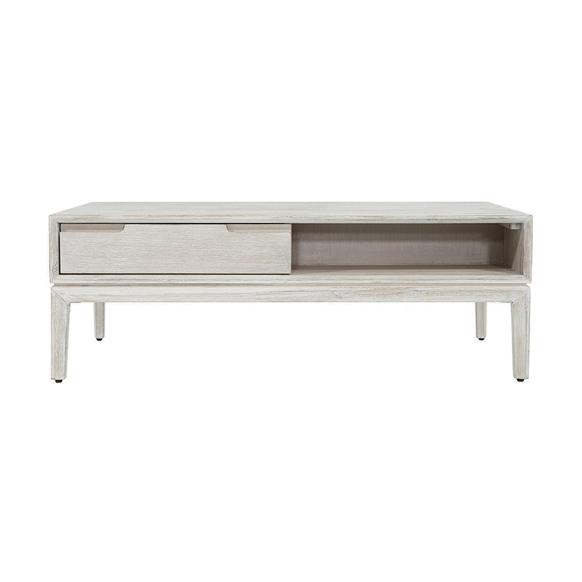 Gio White Sand Acacia coffee table with one drawer and an open shelf, angled wooden legs, and a whitewashed finish on a plain white background.