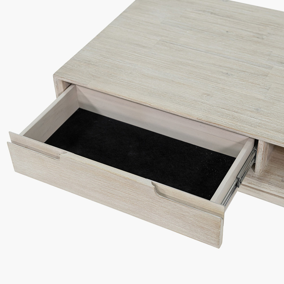 Gio White Sand Acacia 2 Drawer Coffee Table with an open drawer lined in black felt, showing wood-effect finish against a plain white background.