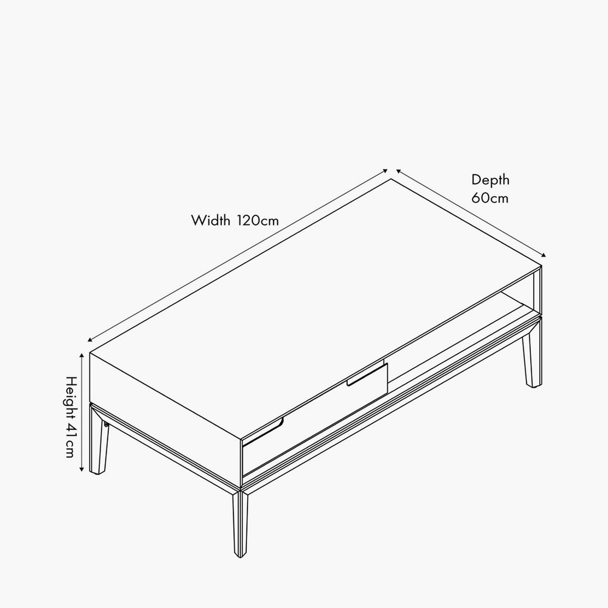 Line drawing of the Gio White Sand Acacia 2 Drawer Coffee Table showing dimensions: 120cm width, 60cm depth, and 41cm height, on a plain background.