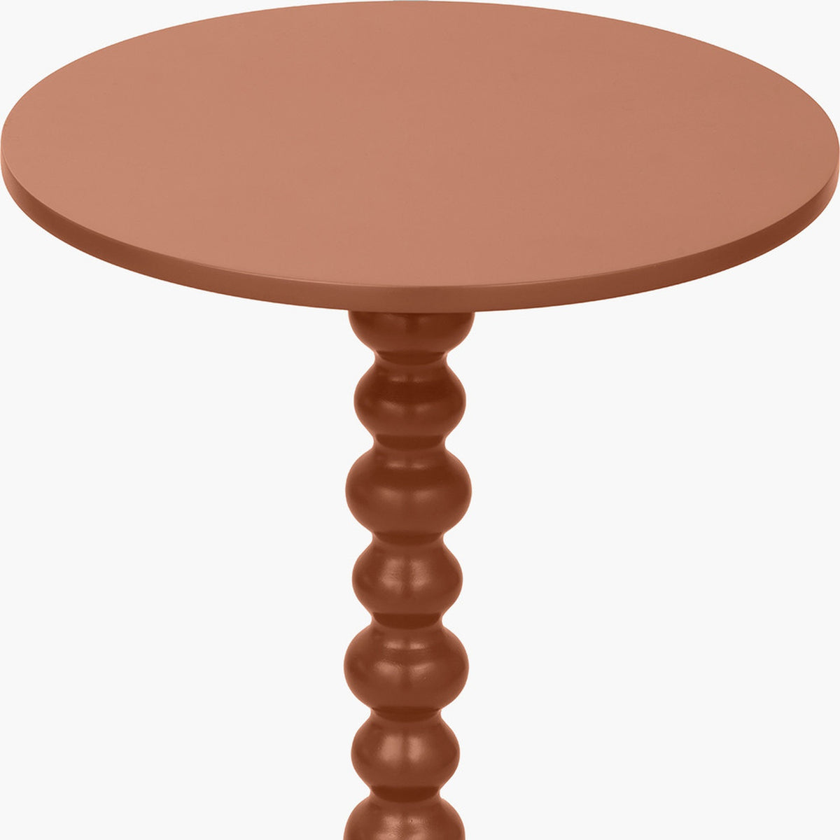 Margot Terracotta Wood Bobble Side Table, 59cm, close-up of round tabletop and turned bobble-style pedestal base, on a plain white background.