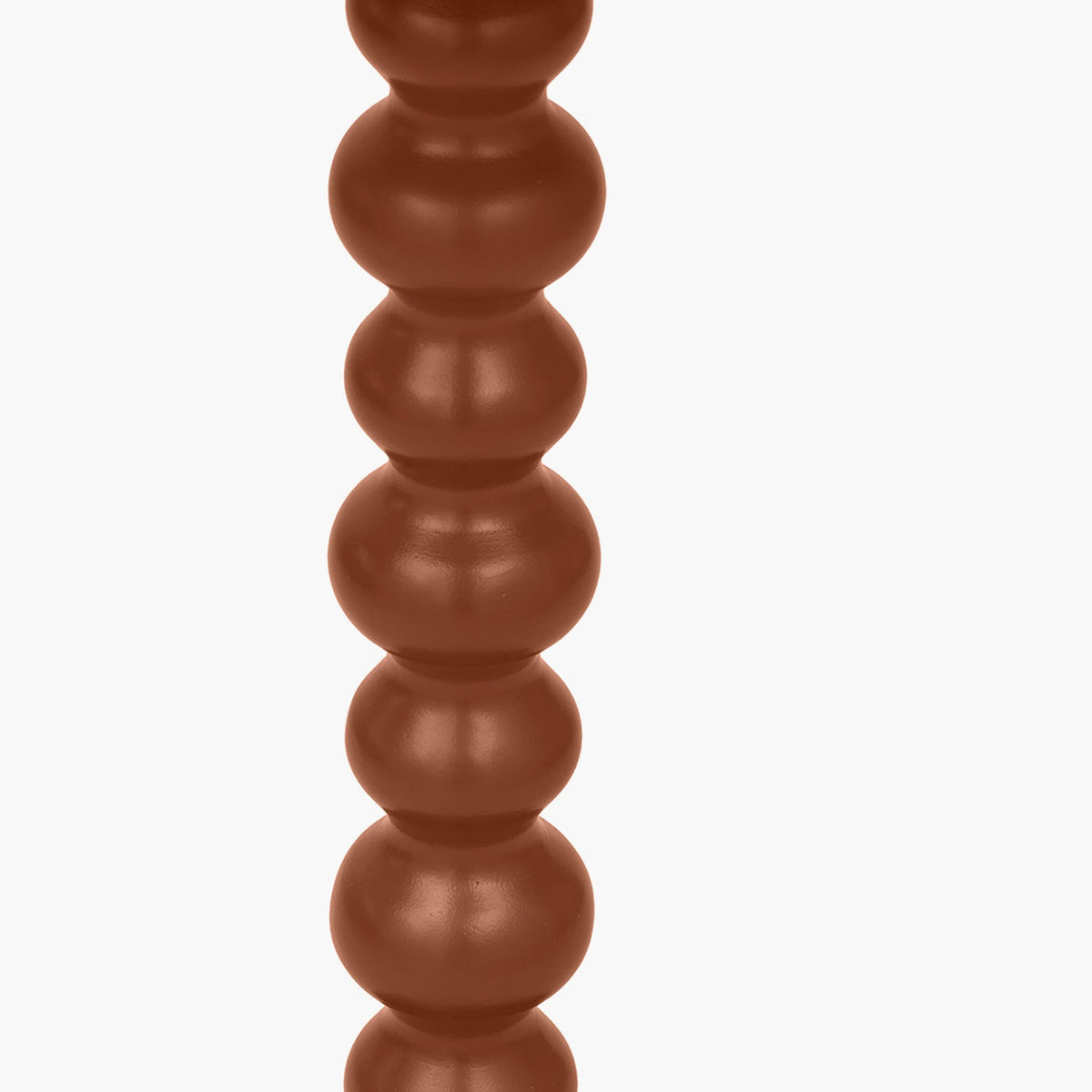 Close-up of the Margot Terracotta Wood Bobble Side Table's stacked sphere column design in a glossy terracotta finish, set against a plain white background.