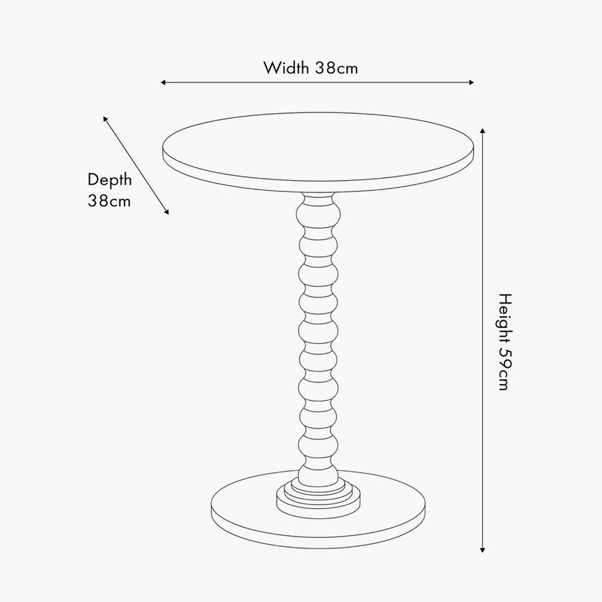 Line drawing of the Margot Terracotta Wood Bobble Side Table showing a round top, turned bobble pedestal and round base, with 38cm width, 38cm depth and 59cm height labelled.