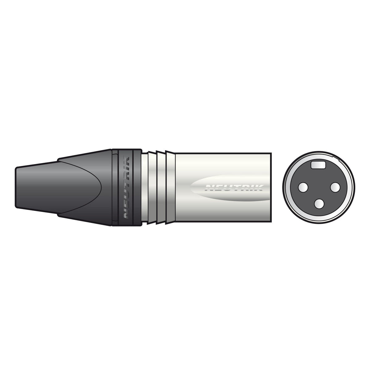 Illustration of the Neutrik NEUTRIK NC3MXX 3-Pole XLR Line Plug, Bulk. The image showcases a side view of the metal casing with a black plastic end incorporating strain relief and a rubber cable protector, alongside a front view of the three-pin configuration designed for audio and microphone connections.