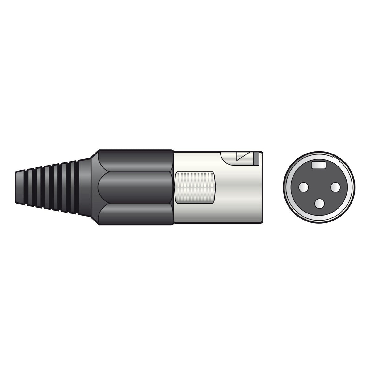 Illustration of the QTX XLR Plug, Short, 3-Pin. The left side displays a side view with a ribbed grip and strain relief, and the right side showcases a front view with three circular pins. This plug is commonly used for audio equipment, providing durability and secure connections.