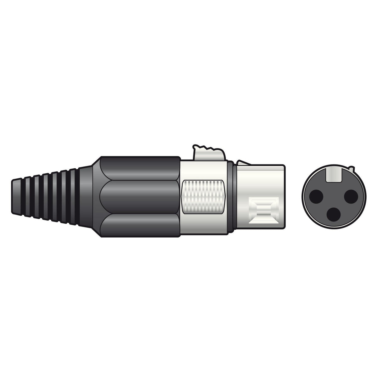 A depiction of the QTX XLR Socket, Short, 3-Pin is shown in two parts. On the left is a side view highlighting the black, ribbed body with integrated strain relief and the silver connector. On the right is a front view featuring three round contact points arranged in a circular pattern.