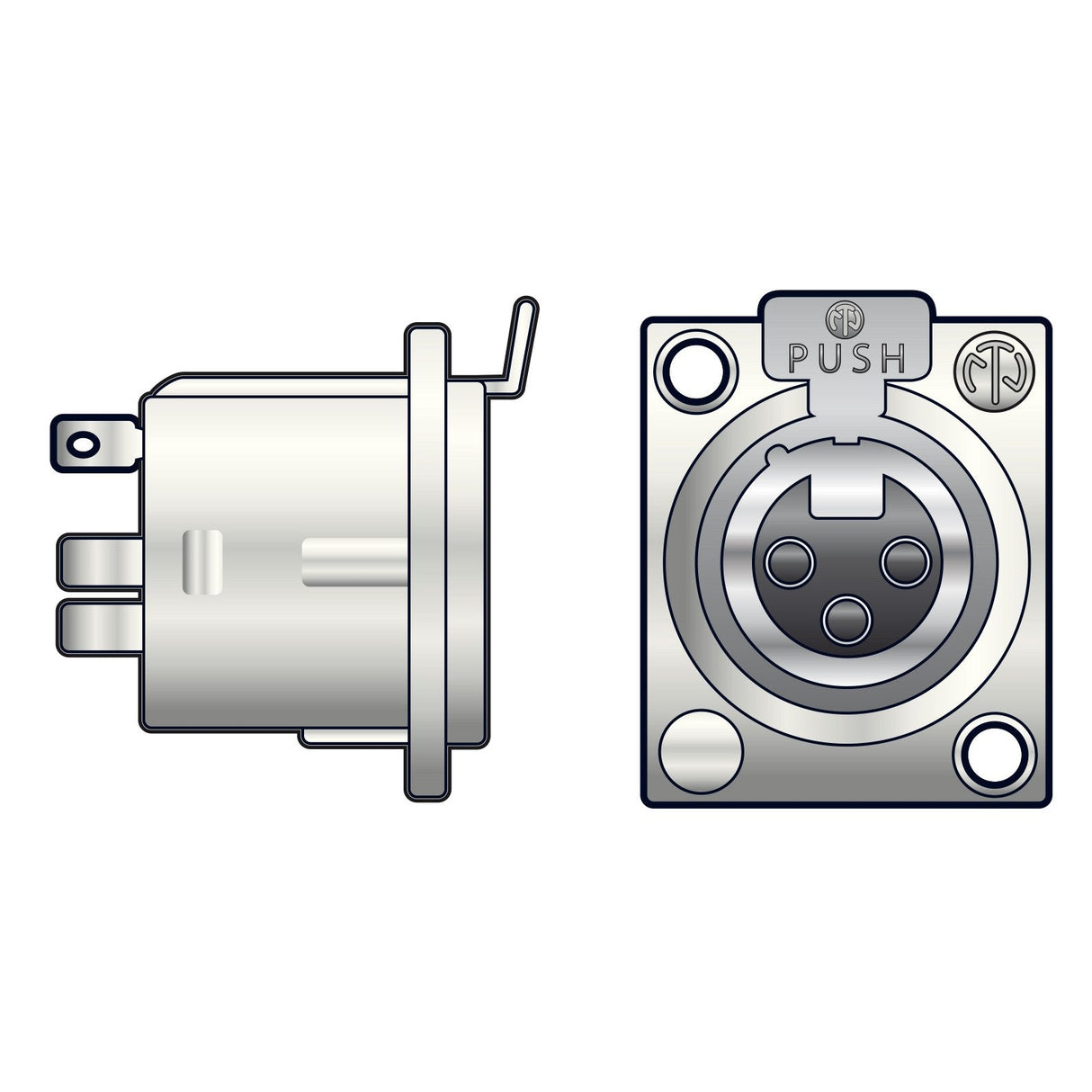 The illustration showcases the Neutrik NEUTRIK NC3FD-LX 3-Pin XLR Chassis Female Socket, featuring side and front views. The side view highlights its cylindrical design and solder terminals, while the front view reveals three pin sockets and a PUSH latch for secure connection to a panel mounting socket.