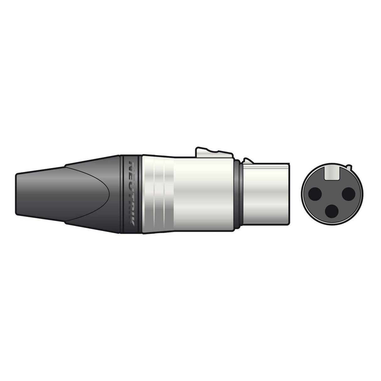 Illustration of the Neutrik NEUTRIK NC3FXX 3-Pole XLR Line Socket, showing both side and front views. This metallic connector includes a black sleeve and strain relief for enhanced durability. It also features labeled text on the side for easy identification in any setup.