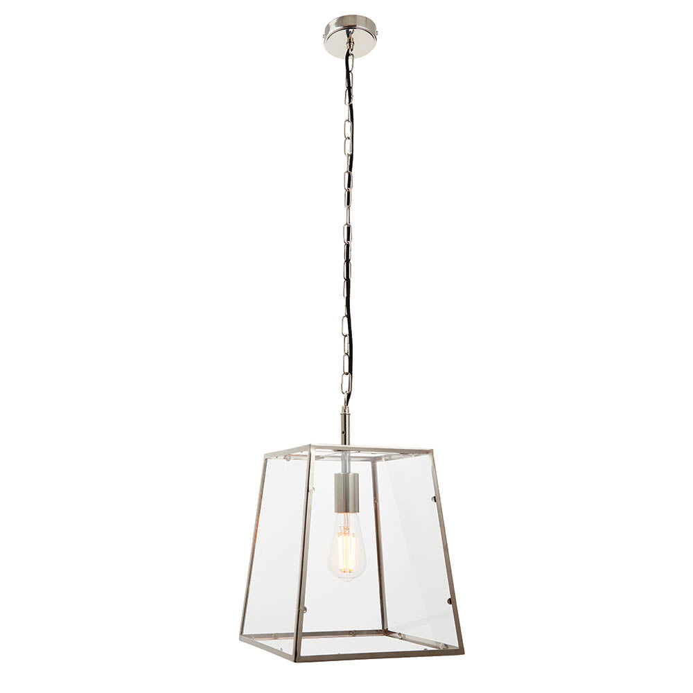 Brenton Lantern Pendant in nickel with a tapered glass box frame and long chain suspension, shown with a single visible filament bulb on a white background.