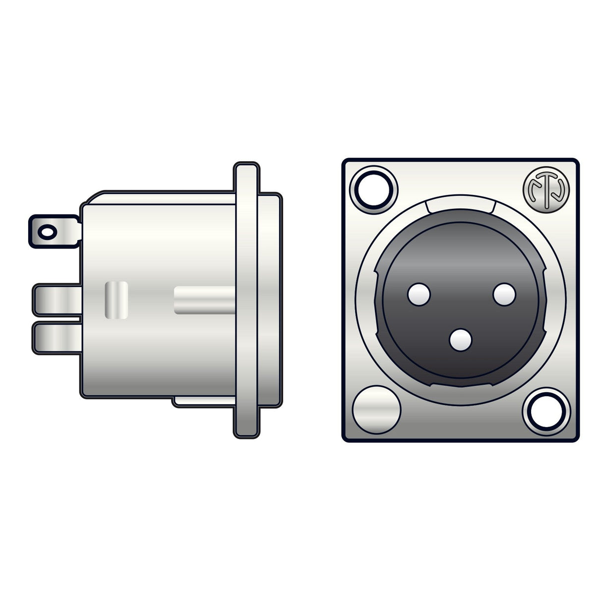 Illustration of a Neutrik NEUTRIK, 3pin XLR chassis plug - solder terminals. The left side displays a profile view emphasizing the three solder terminals, while the right side offers a front view with three circular holes, ideal for connecting audio equipment.