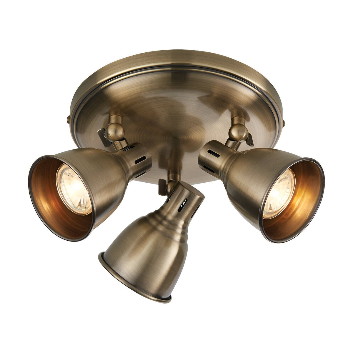 Endon Daneford 3 light round spotlight in antique brass, with three adjustable steel heads on a circular ceiling plate, on a white background.