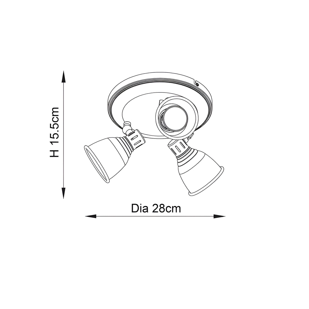 Endon Daneford 3 light round spotlight dimension diagram showing 28cm diameter and 15.5cm height with three adjustable heads on a ceiling plate.
