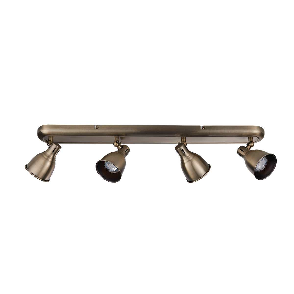 Endon Daneford 4 light spotlight bar in antique brass, featuring four adjustable steel heads on a linear plate, shown on a plain white background.
