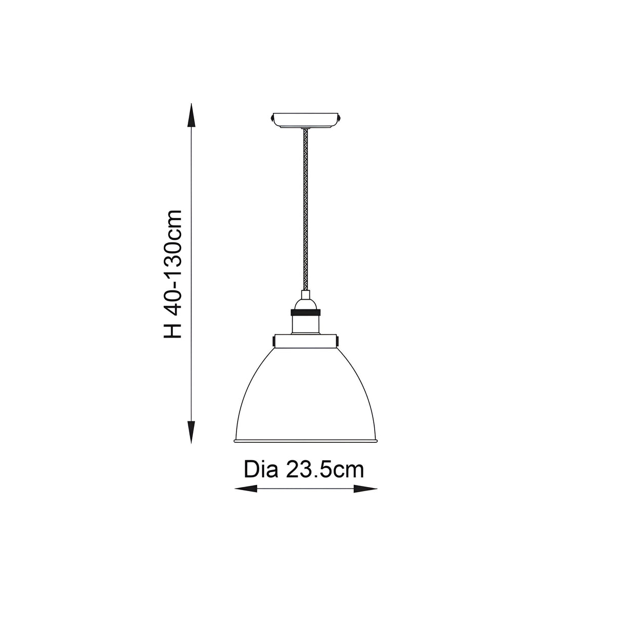 Dimension diagram of the Endon Bramdale small pendant light showing a 23.5cm shade diameter and adjustable height of 40–130cm on a plain background.