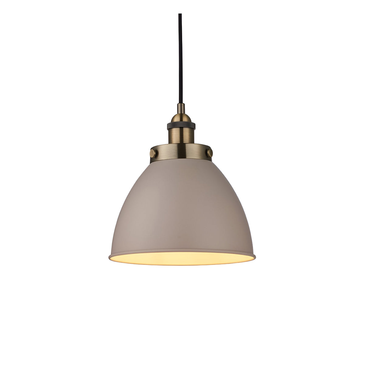 Endon Bramdale small pendant light with a taupe rolled-edge metal dome shade and antiqued brass detailing on a black flex, shown on a white background.