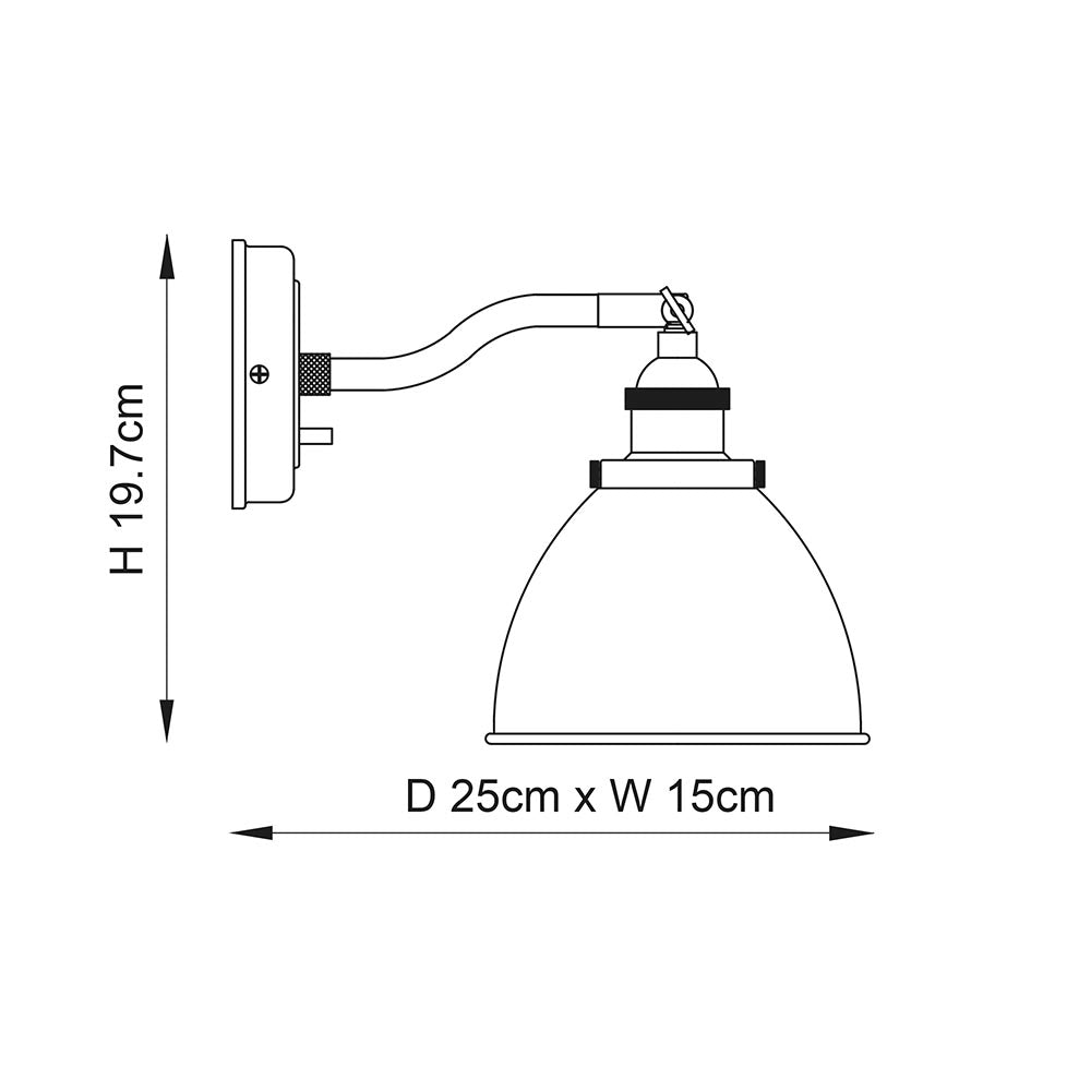 Dimensions diagram of Endon Bramdale wall light showing 19.7cm height, 25cm projection and 15cm width with adjustable knuckle and domed shade.