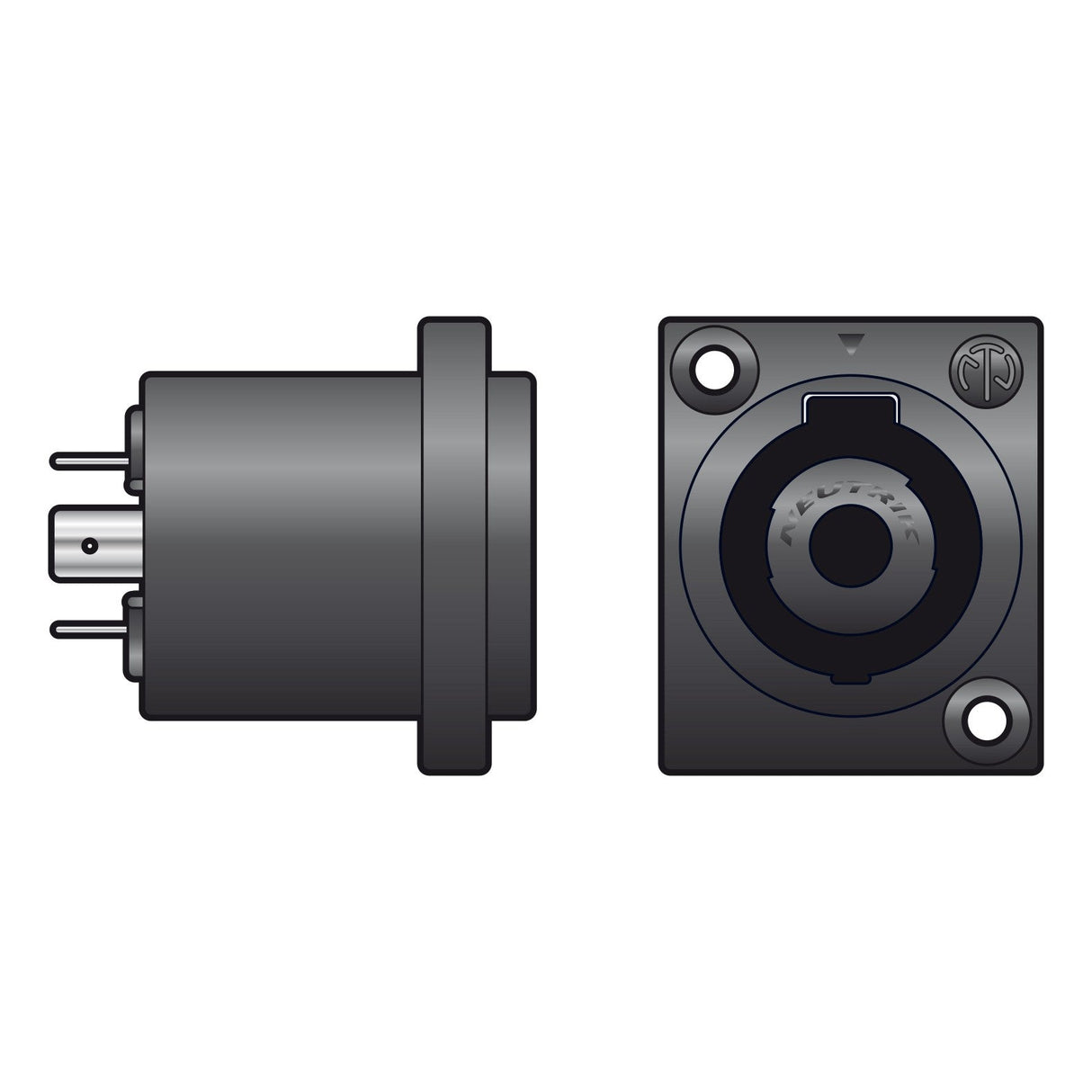 The Neutrik NEUTRIK NL4MPXX 4-Pole Speakon Panel Socket is illustrated with a focus on its black color scheme, highlighting the circular design and mounting features. The depiction includes both male and female configurations for versatile installation possibilities, enhanced by a square chassis socket.