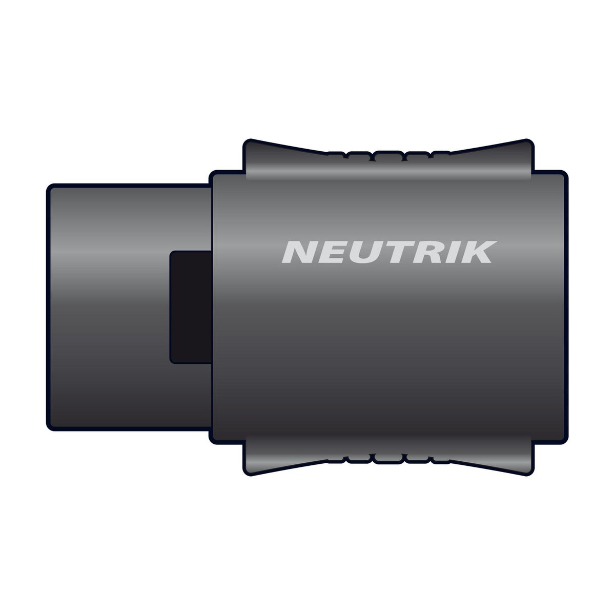Neutrik NL4MMX 4-pole Speakon in-line coupler with black die-cast metal shell and male connectors on both ends, shown on a white background.