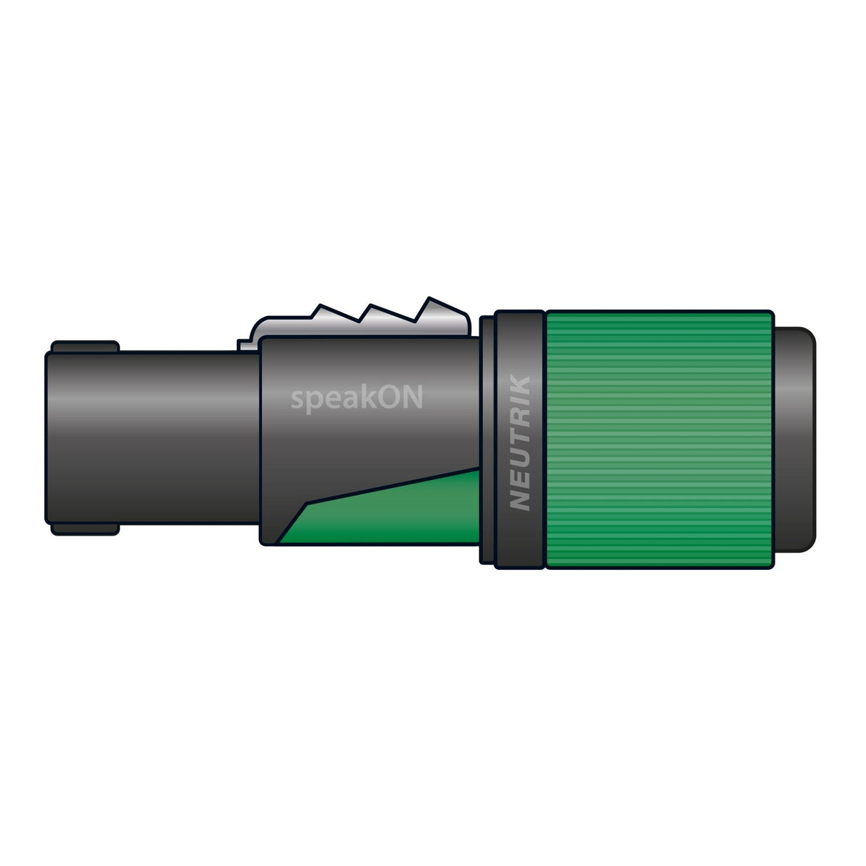 Illustration of the Neutrik NL4FXX-W-S Speakon 4 Pole Plug, showcasing a black body with a green sleeve, ideal for connecting speakers and amplifiers. This cable connector is adorned with the Neutrik logo, features a ribbed texture for grip, and includes a reliable twist lock system.