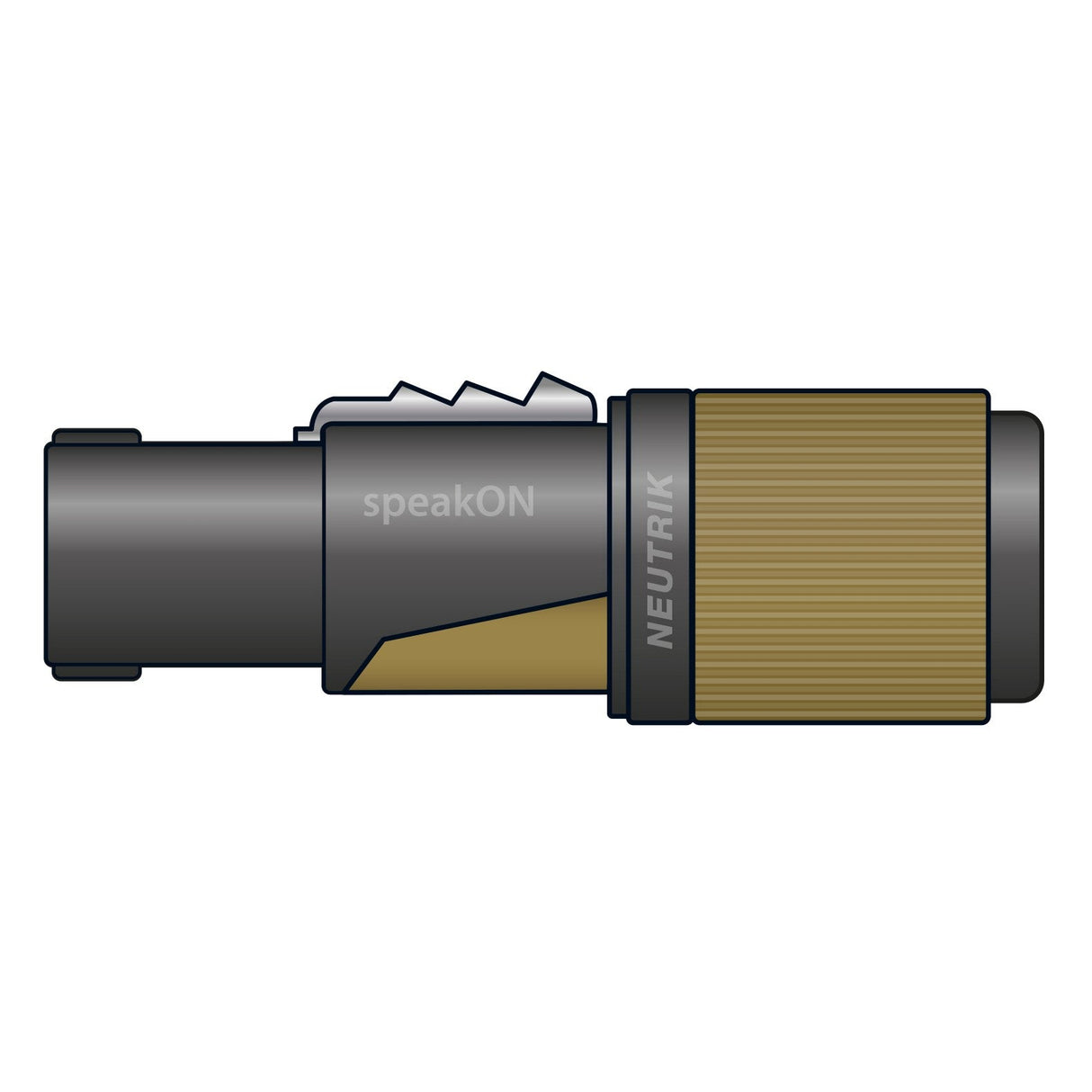 Illustration of a Neutrik NL2FXX-W-S Speakon 2 Pole Plug featuring a black and gold color scheme. The connector showcases the brand name and twist lock system, designed for audio cable connections, boasting a cylindrical and durable appearance.