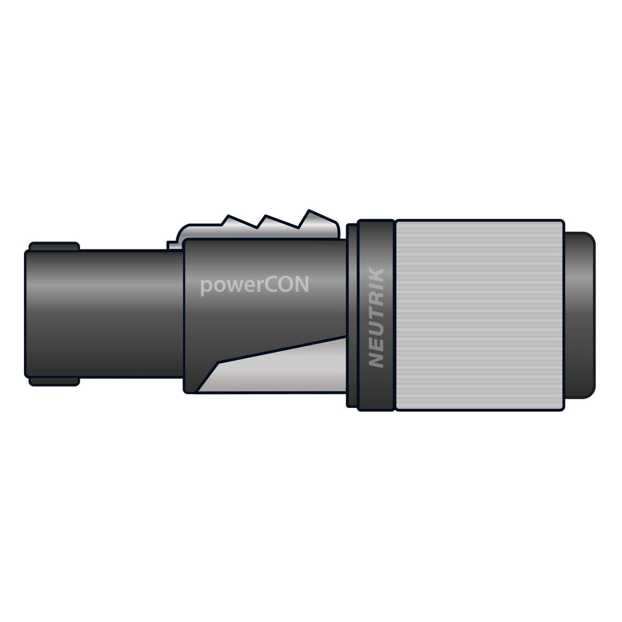 Illustration of a Neutrik NAC3FXXB-W-S powerCON connector, highlighting its cylindrical shape and black-grey color scheme, featuring a dependable locking device. The side is marked with NAC3FXXB-W-S and NEUTRIK, embodying the trusted Neutrik quality standard.