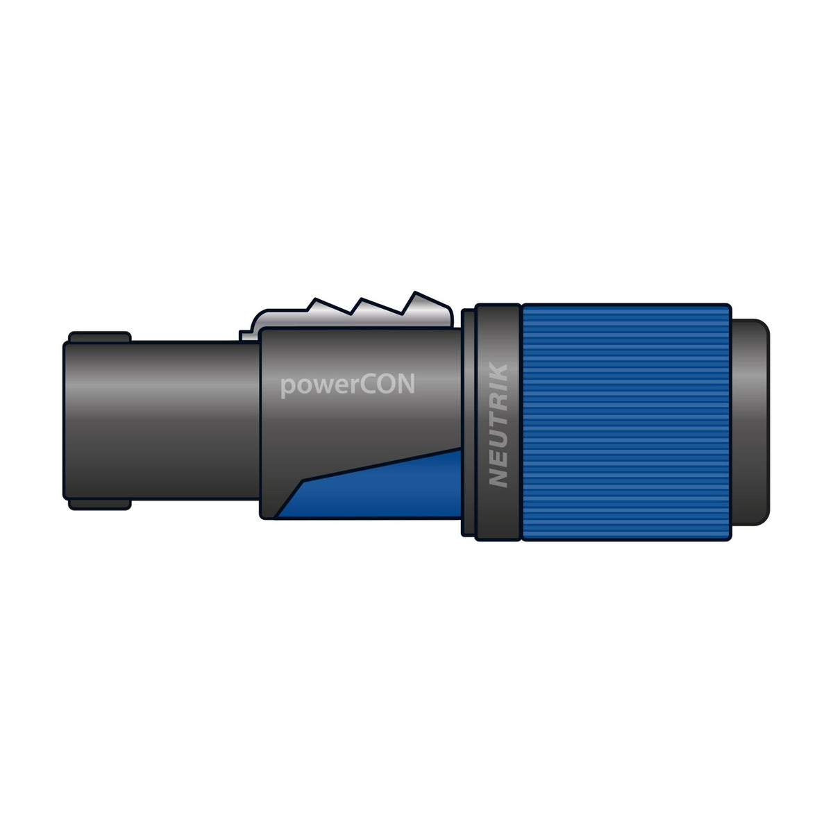 Neutrik NAC3FXXA-W-L Powercon locking AC mains cable connector with blue housing, black casing and screw terminals, shown against a plain white background.